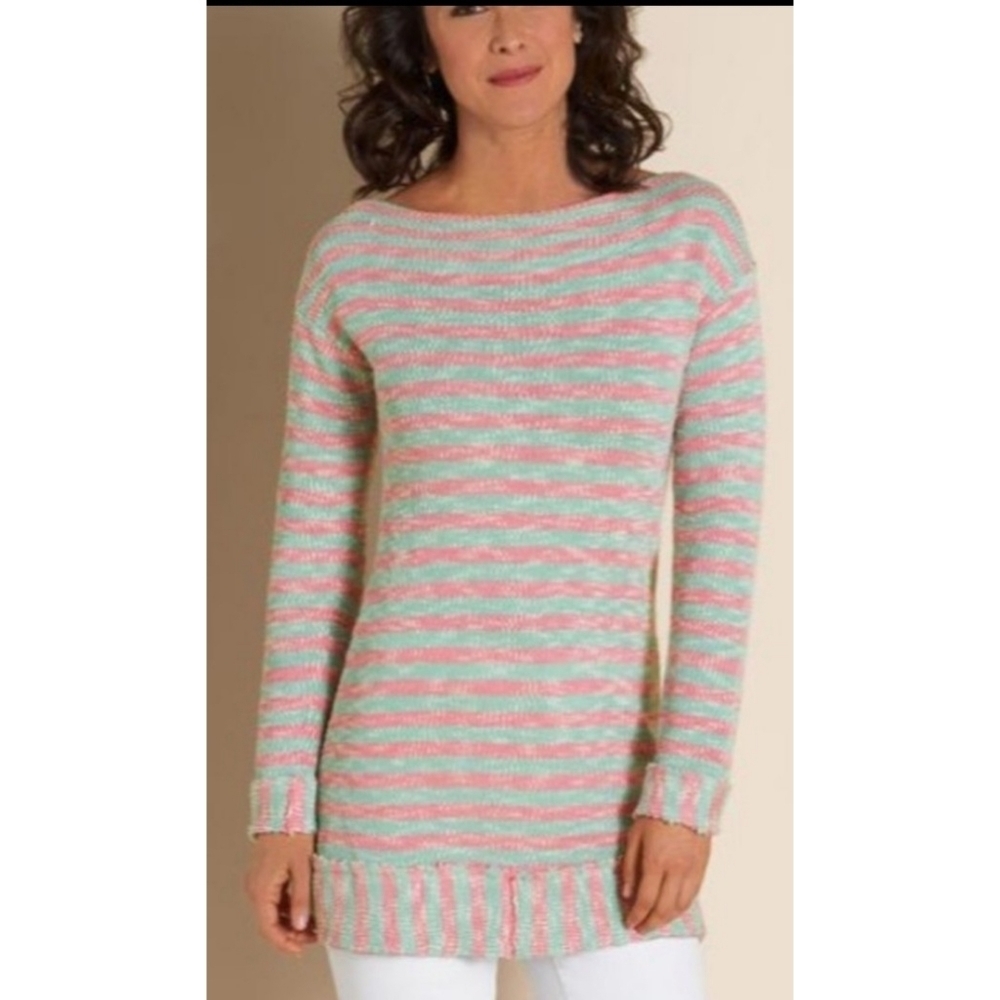 Soft Surroundings Marina Boatneck Pullover sweater Pink & Green Size L